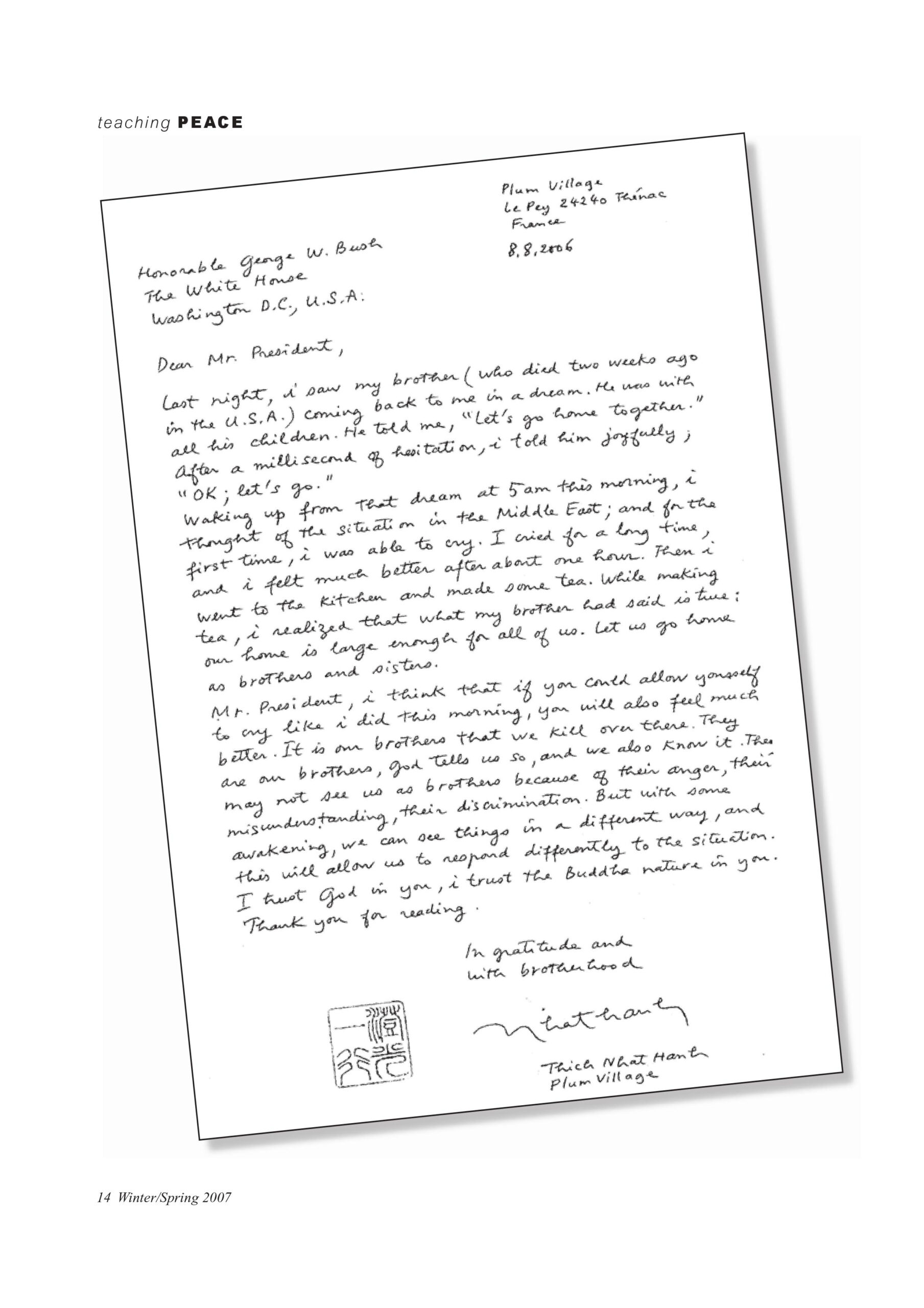 Letter to President G.W.Bush | Plum Village