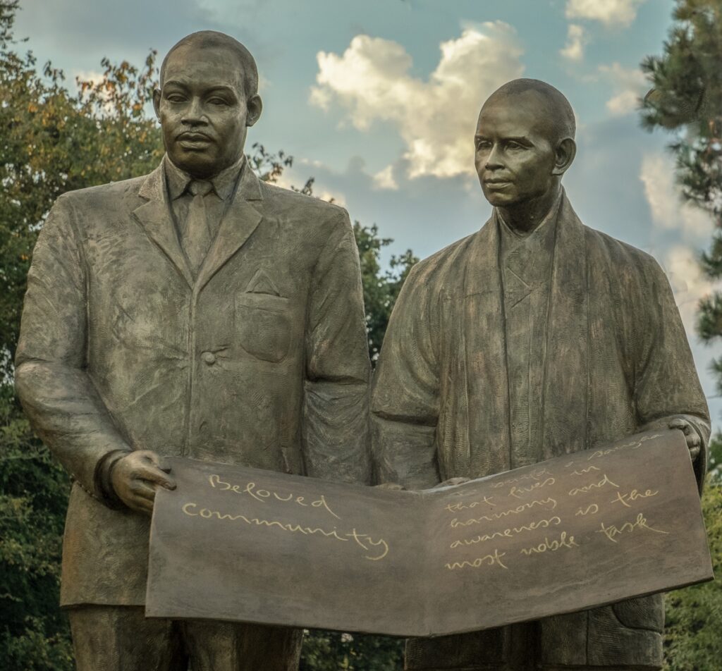 Statue commemorating the friendship of Thich Nhat Hanh and Dr. Martin Luther King at Thich Nhat Hanh's Magnolia Grove Monastery in Mississippi.