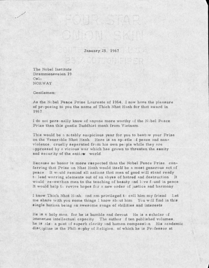 Letter From Dr Martin Luther King Jr Nominating Thich Nhat Hanh For The Nobel Peace Prize In 