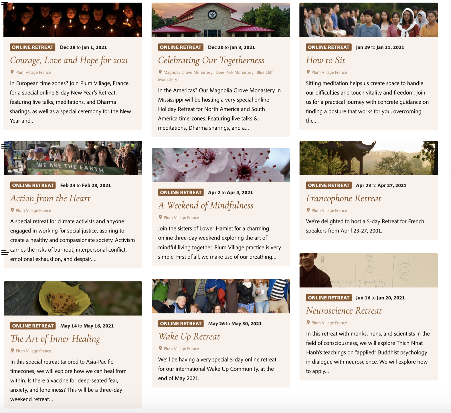 Join us for an online retreat in 2021 Plum Village