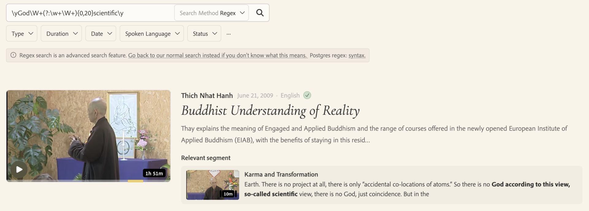 Screenshot of Living Gems "regex" mode search results