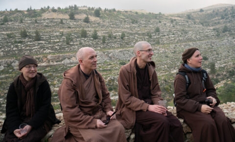 (Left to right) Sr. Mai Lam, Br. Phap Lai, Br. Duc Pho and Sr. Luc Nghiem enjoying drinks with people we met along the way during a hike in Battir, West Bank, 2019.