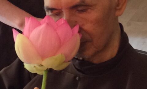 Thay enjoying the fragrance of a lotus flower, 16 June, 2015